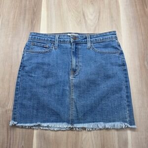 O2 Denim Mini Skirt Raw Hem High Waisted Stretch Blue Jean Size M Made in USA